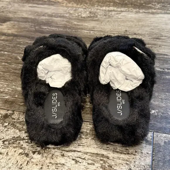J/Slides NYC Shoes Womens Size 8 Black Faux Fur Bree Double Strap Slides NEW - Picture 5 of 11